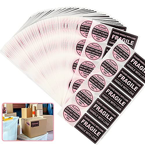 300 PCS Fragile Stickers(Rectangular,3x2),with 300 PCS Do Not Crush Bend or Fold Labels Stickers(Round,2"),Adhesive Warning Labels for Shipping Cartons Envelops Mailing(Black Pink) - color: Black-pink