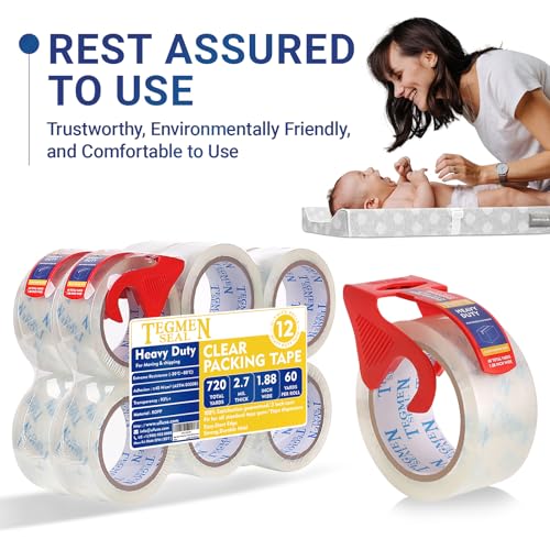 Heavy Duty Clear Packing Tape with Dispenser Combo for Shipping, Moving & Storage,Thicker Clear Packing Tape, 1.88 inches Wide, 60 Yards Per Roll, 12 Pack 720 Total Yards - size: 12-Pack