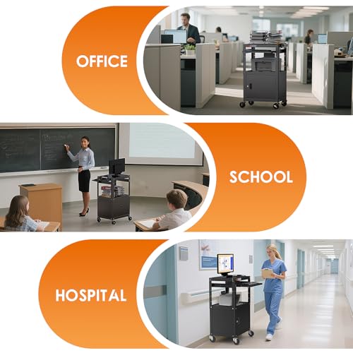 Steel Large AV Cart with Extra Storage - Adjustable Height Cart with Locking Cabinet, Pullout Tray, Power Strip, and Cord Management - Holds 300 lbs and Easy to Assemble (24'' x 18'' x 42'') - style: AV Cart with Storage(M-AV-G)