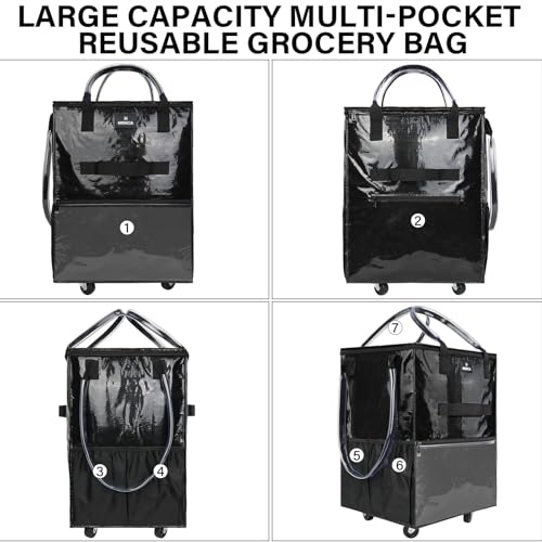 Reusable Grocery Bag on Wheels, Foldable Rolling Tote Bag with 6 Pockets - color: Black, size: Small