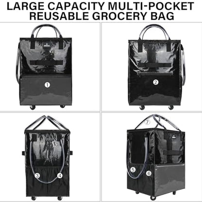 Reusable Grocery Bag on Wheels, Foldable Rolling Tote Bag with 6 Pockets - color: Black, size: Small
