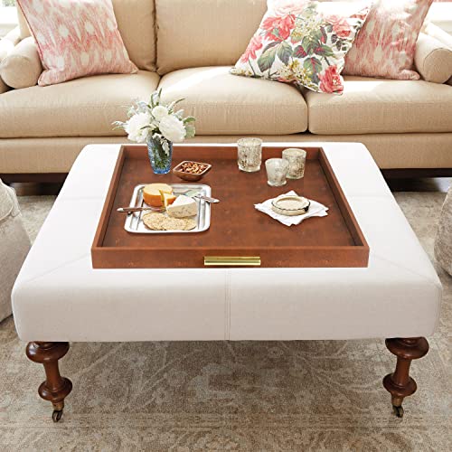 HofferRuffer Extra Large Square Serving Tray, Elegant Faux Leather Ottoman Tray with Gold Hardware Handles, Serve Tea, Coffee or Breakfast in Bed, 24 x 24 inches (Brown Shagreen) - color: Brown Shagreen, size: 24" x 24" x 2"