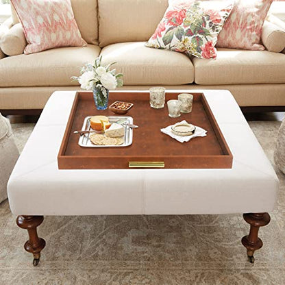 HofferRuffer Extra Large Square Serving Tray, Elegant Faux Leather Ottoman Tray with Gold Hardware Handles, Serve Tea, Coffee or Breakfast in Bed, 24 x 24 inches (Brown Shagreen) - color: Brown Shagreen, size: 24" x 24" x 2"