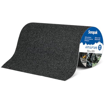 Black Anti Slip Tape 10in x 20ft, 80 Grit Waterproof Non Skid Grip Tape Roll for Stairs, Decks, Boat Decks, Ramps, Indoor & Outdoor Use - size: 10'' x 20 FT