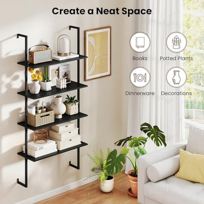Tangkula 4-Tier Wall Mounted Bookshelf, Wood Ladder Shelf - color: Black