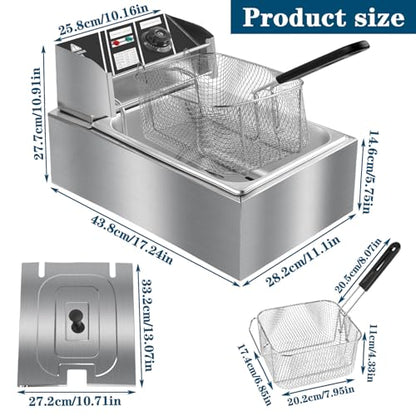 10QT Electric Deep Fryer, 2500W Commercial Stainless Steel Single Tank Countertop Fryer with Basket & Lid, Temperature Control for Restaurant, Food Truck & Home Use - size: 10QT