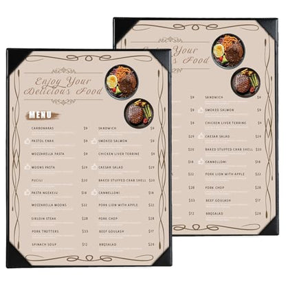 2 Pack Restaurant Menu Covers Holders 8.5" X 11", Single View Synthetic Leather Menu Holder Covers Book Style with Angled Corners Black for Wine List, Menu Sleeves Home Use (2, 1 Page) - size: 1 Page