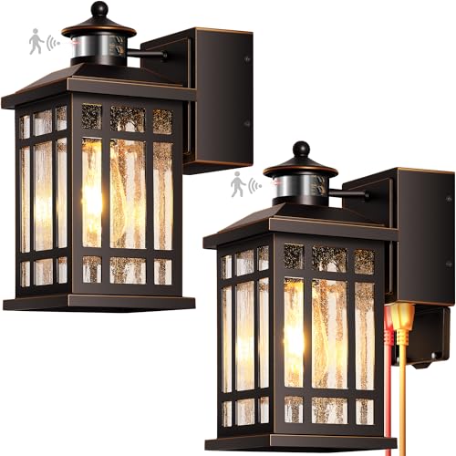 Oil-Rubbed Bronze Outdoor Motion Sensor Light with GFCI Outlet, 2-Pack Porch Lights Outdoor with Gold Trim, Dusk to Dawn lighting Wall Mount with Bubble Glass, Outside Sconces for Garage, Patio - color: ORB(Gold Trim), size: Motion Sensor 2-Pack