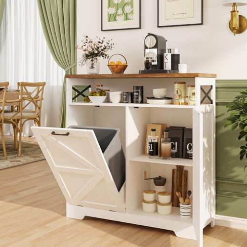 Befrases Tilt Out Trash Can Cabinet for 13 * 1 Gallon Trash Can, Farmhouse Kitchen Island Cabinet with Adjustable Shelf for Hidden Laundry Basket, Dog Proof Garbage Can for Dining Living Room, White - color: Antique White, size: 1 x13 Gallons