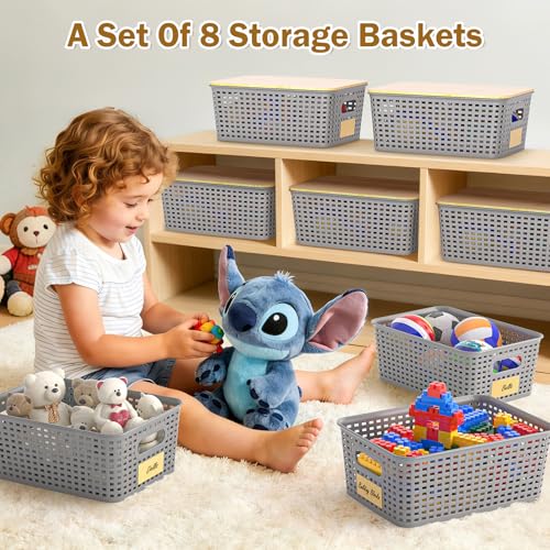 Stackable Storage Baskets: 8 Pack Plastic Baskets Bins, Gray - color: Grey