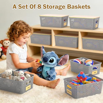 Stackable Storage Baskets: 8 Pack Plastic Baskets Bins, Gray - color: Grey