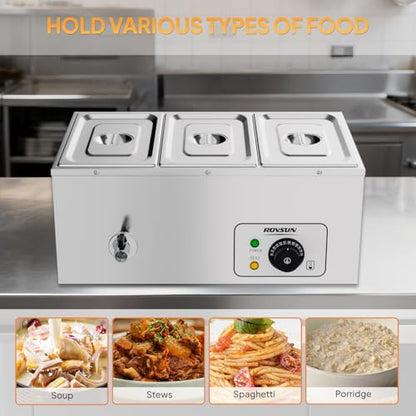 Bonnlo 21 QT 3 Pan Commercial Electric Food Warmer, Counter Top Electric Bain-Marie with Warming Plate, Steam Table Food Warmer for Catering, Parties Buffet and Restaurant, Stainless Steel, 1200W - size: 21 QT-3 pan