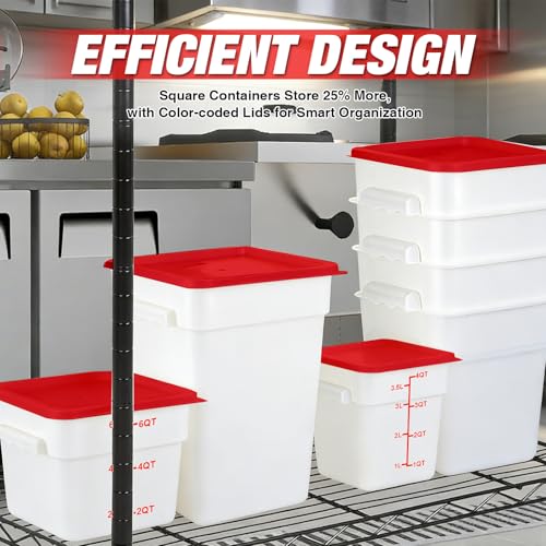 Square Food Containers with Lids 4-Pack, Commercial Grade Plastic Bins for Restaurant Kitchen Pantry Storage, Freezer & Dishwasher Safe (Red, 6QT-4PACK) - size: 6QT-4PACK
