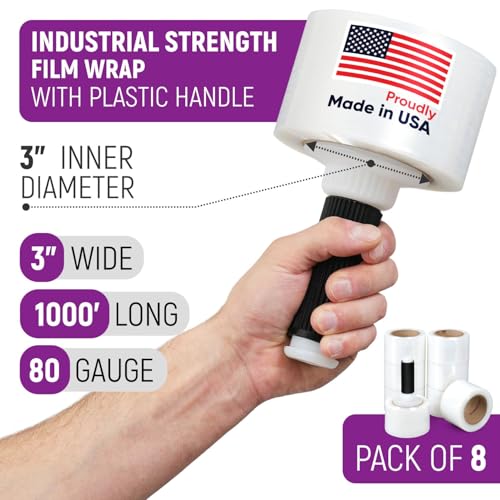 3" x 1000' Industrial Strength Stretch Wrap, Ready to Use Pack of 8 Mini Rolls with one Handle, Clear Plastic Film, 80 Gauge Thick, 500% Elongation – Heavy-Duty Shrink Wrap for Moving, Packing - style: Pack of 8