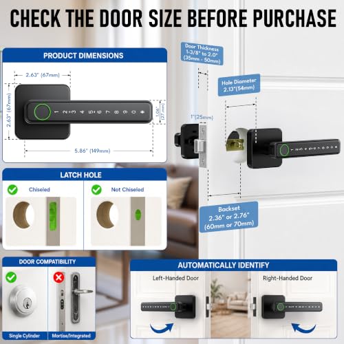 Smart Fingerprint Door Lock Knob, Biometric Keyless Entry Bedroom Handle - color: Black 02