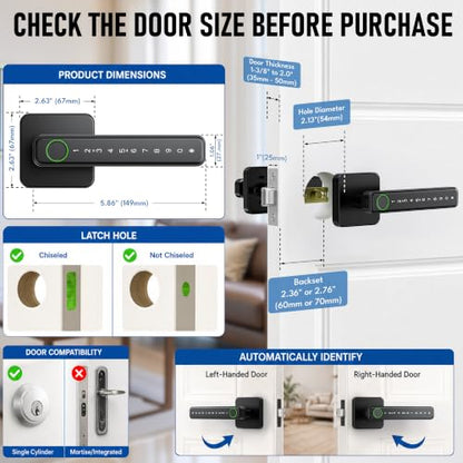Smart Fingerprint Door Lock Knob, Biometric Keyless Entry Bedroom Handle - color: Black