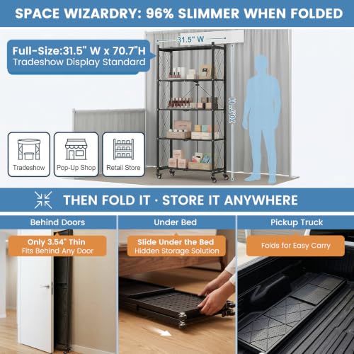 ALANNG 70.7" H Metal Storage Shelves, 5 Tier Folding Shelf on Wheels - color: Black
