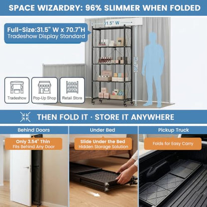 ALANNG 70.7" H Metal Storage Shelves, 5 Tier Folding Shelf on Wheels - color: Black