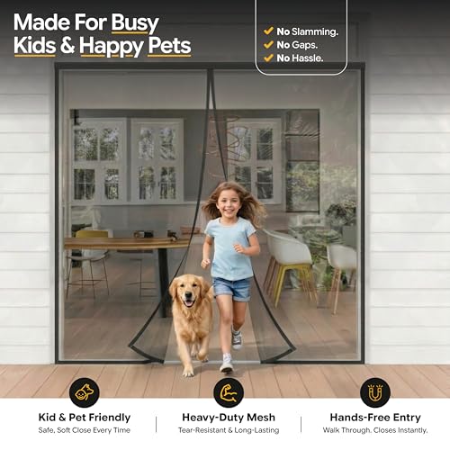 AUGO Magnetic Screen Door - Self Sealing, Heavy Duty, Hands Free Mesh Partition Keeps Bugs Out - Pet and Kid Friendly - Patent Pending Keep Open Feature - 74 Inch x 81 Inch - size: 74" x 81"