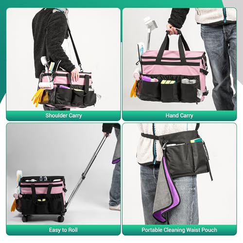 Rolling Cleaning Caddy Bag w/Detachable Trolley & Lid (Pink) - color: Pink