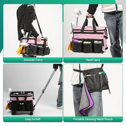 Rolling Cleaning Caddy Bag w/Detachable Trolley & Lid (Pink) - color: Pink