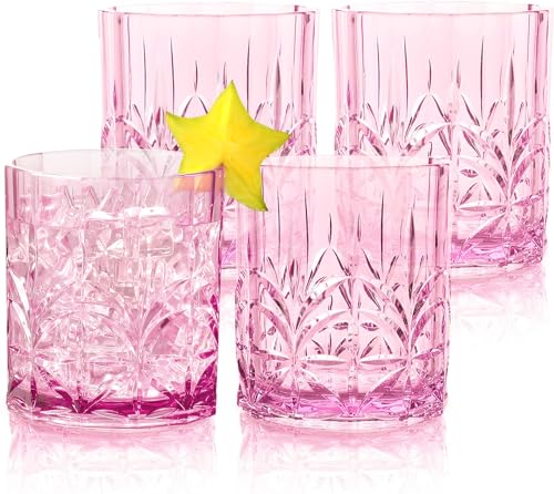 BELLAFORTE Shatterproof Tritan Plastic Short Tumbler, Set of 4, 13oz - Myrtle Beach Unbreakable Crystal Cut Old Fashioned Drinking Glasses for Whiskey - BPA Free - Dishwasher Safe - Pink - color: Pink