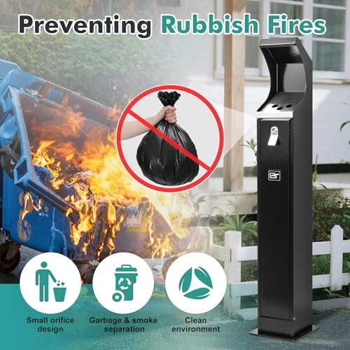 Commercial Trash Can Disposal Outdoor Heavy Duty Outdoor Vertical Trash Can Standing Rubbish Bin for Patios Gardens Hotels Pubs Offices(Black)