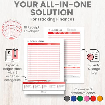 Extra Large Receipt Envelope & Receipts Organizer (Pack of 18) - Efficiently Manage Business Expenses & Log Mileage Trips - 8.5” x 11.0” Inches, Red Color- Business Ledger for Small Business - color: Red