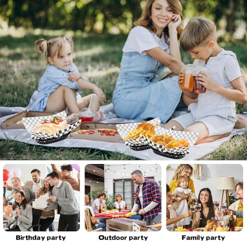 Rainmae Plastic Food Baskets with Parchment Paper Liners, 12 Fast Food Baskets with 100 Deli Paper Sheets, Snacks Basket, Candy Fruits basket, Plastic Baskets, Restaurant Baskets for Food-Retro Style - color: Black(12 Pcs+100 Deli Paper）