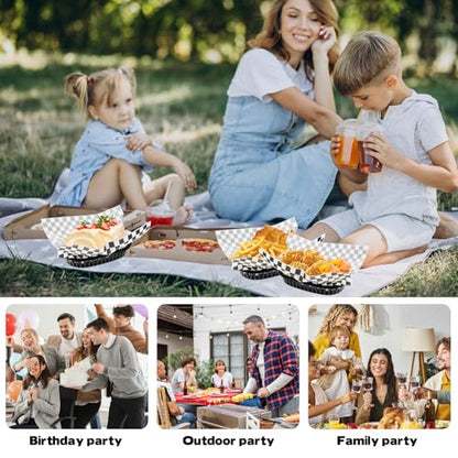 Rainmae Plastic Food Baskets with Parchment Paper Liners, 12 Fast Food Baskets with 100 Deli Paper Sheets, Snacks Basket, Candy Fruits basket, Plastic Baskets, Restaurant Baskets for Food-Retro Style - color: Black(12 Pcs+100 Deli Paper）