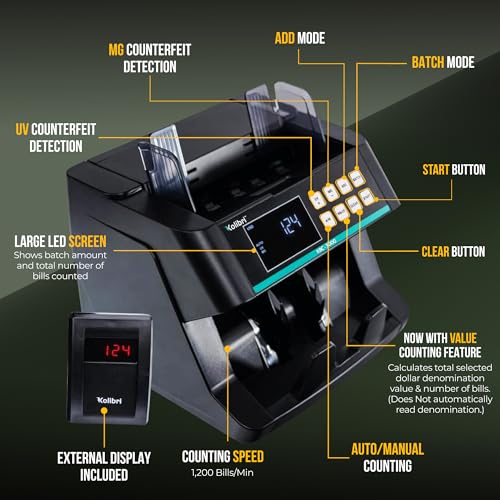 KOLIBRI Money Counter Machine I LCD Display I Business Grade I Advanced UV/MG/IR/DD/HLF Detection I Single Denomination (USD) I 1,200 Notes/Min I 1-Year Warranty I KBC–3000 - color: Black (Kbc–3000)