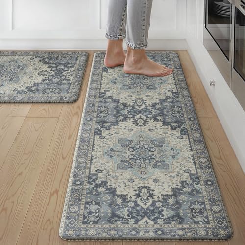 GENIMO Anti Fatigue Kitchen Mats for Floor 2PCS, Standing Rugs,Navy - color: Center Blue, size: 17.3"x47"+17.3"x30"--0.4 inches