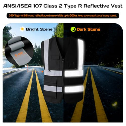BeautyWill Custom LOGO Safety Vests Reflective Vest Class 2 ANSI with Pockets Zipper High Visibility Construction Uniform - color: A-black-1pack-logo, size: XX-Large