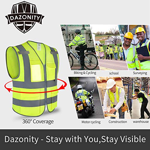 Dazonity High Visibility Safety Vest with Multi Pockets and Zipper, 10 Packs,Reflective Strips, Fit for Men & Women, Work, Construction,Cycling, Runnning, Surveyor, Volunteer (Yellow-L) - color: Yellow-l