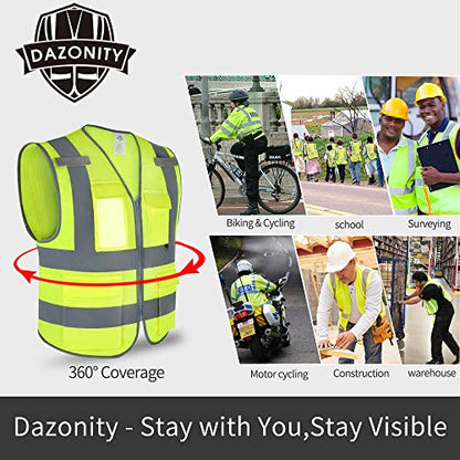 Dazonity High Visibility Safety Vest with Multi Pockets and Zipper, 10 Packs,Reflective Strips, Fit for Men & Women, Work, Construction,Cycling, Runnning, Surveyor, Volunteer (Yellow-L) - color: Yellow-l