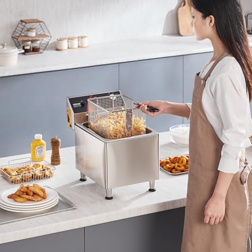 VEVOR Commercial Deep Fryer, 1750W Electric Countertop Fryer with Basket & Height-Adjustable Feet, 12Qt / 11.5L Stainless Steel Single Oil Fryer, Temp Control, Overheat Protection, for Restaurant Use - size: Single Fryer, style: Deep Fryer