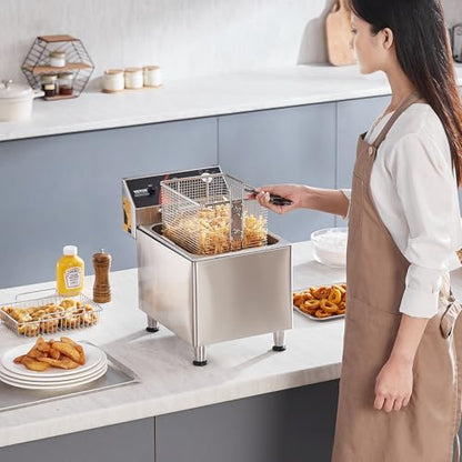 VEVOR Commercial Deep Fryer, 1750W Electric Countertop Fryer with Basket & Height-Adjustable Feet, 12Qt / 11.5L Stainless Steel Single Oil Fryer, Temp Control, Overheat Protection, for Restaurant Use - size: Single Fryer, style: Deep Fryer