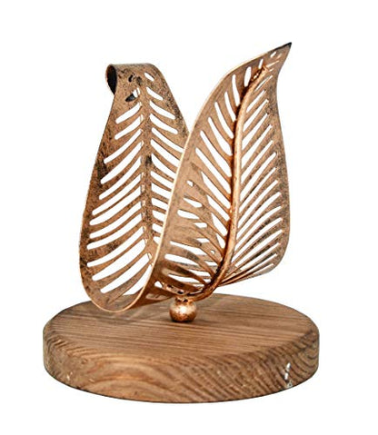 OwlGift Freestanding Modern Napkin Holder w/Bronze Metal Leaf & Brown Wooden Base Design, Tabletop Tissue Dispenser, Napkin Storage Organizer - color: Brown / Bronze