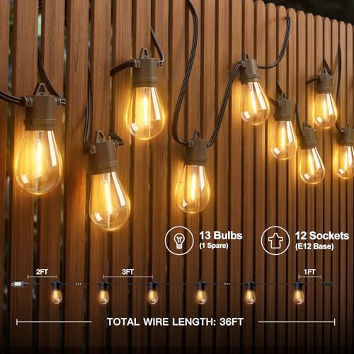 addlon 36FT LED Outdoor String Lights, Waterproof Dimmable Bulbs for Patio - size: 36FT(12 Sockets)