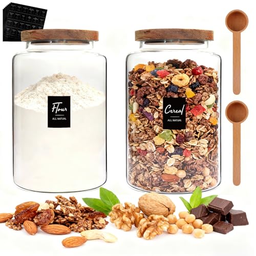 Glass Coffee Jar with Wood Lids Spoon Labels Clear Coffee Ground Canister set of 2,Borosilicate Glass Food Containers for Spice Cookies Sugar Tea Bar (2800ml/94oz-2 pack-with spoon) - color: 2800ml/94oz-2 pack-with spoon