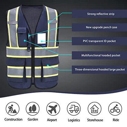 AYKRM Security Vest for Men Women 7 Pockets High Visibility Reflective Safety Vest Front Zipper Meets ANSI/ISEA - color: Navy-sheriff, size: 8X-Large