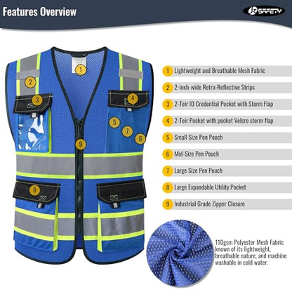 JKSafety Safety Vest for Men Women Hi Vis Reflective Vest JK220 Blue 3XL - color: Blue, size: 3X-Large
