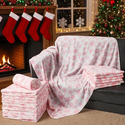 Preboun 24 Pack Bulk Christmas Fleece Throw Blankets, Pink Snowflake - style: Pink Snowflake