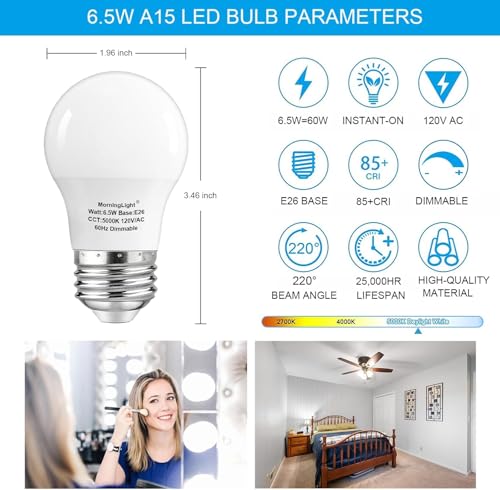 Dimmable A15 Ceiling Fan Light Bulb 60Watt, 5000K Daylight, E26 Base, 4Pack - color: 5000k Daylight