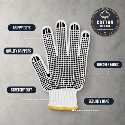 Winterlace 48 Pairs Cotton Grip Work Gloves Bulk Safety Protection Non-Slip PVC Rubber Dots Garage Construction Warehouse - color: 48 Pairs - Black Dots