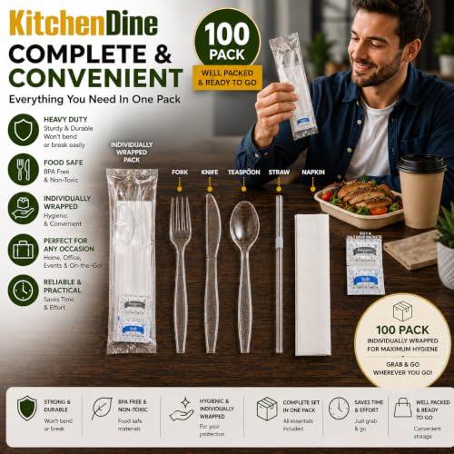 KitchenDine 100 pack | Clear Heavy Duty Plastic Disposable Cutlery Set | 6 in 1 Utensil Set with Fork, Spoon, Knife, Napkin, Straw, Salt/Pepper Packets - color: Clear
