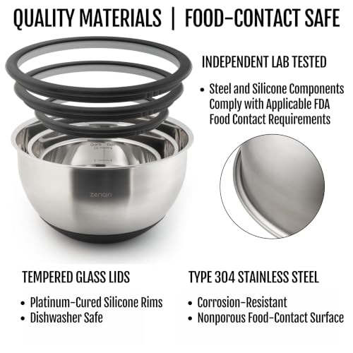 Stainless Steel Mixing Bowls with Glass Lids, Premium 3-Pc Plastic-Free Set