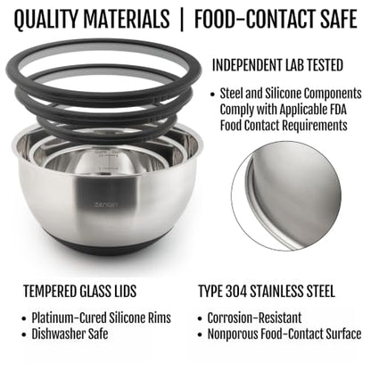 Stainless Steel Mixing Bowls with Glass Lids, Premium 3-Pc Plastic-Free Set