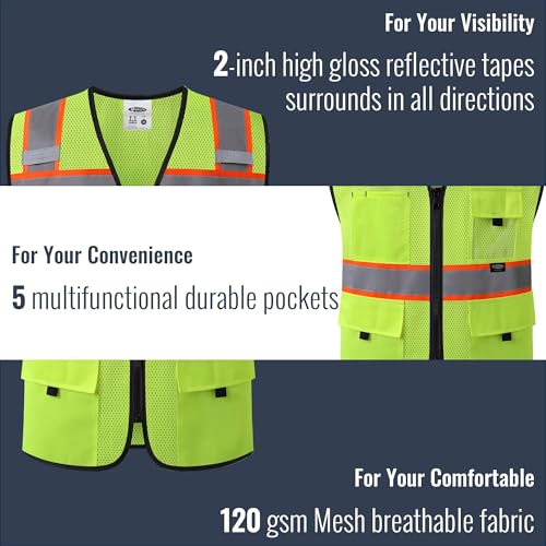 JKSafety Safety Vest for Men Women Hi Vis Relfective Vest with Pockets High Visibility Meet ANSI Standard - color: 331-yellow, size: Large