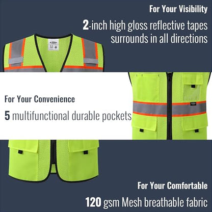 JKSafety Safety Vest for Men Women Hi Vis Relfective Vest with Pockets High Visibility Meet ANSI Standard - color: 331-yellow, size: 5X-Large